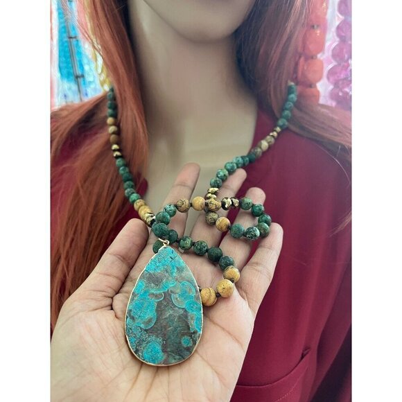 Large bead stone necklace Long bold chunky blue brown necklace bohemian boho - Picture 1 of 5